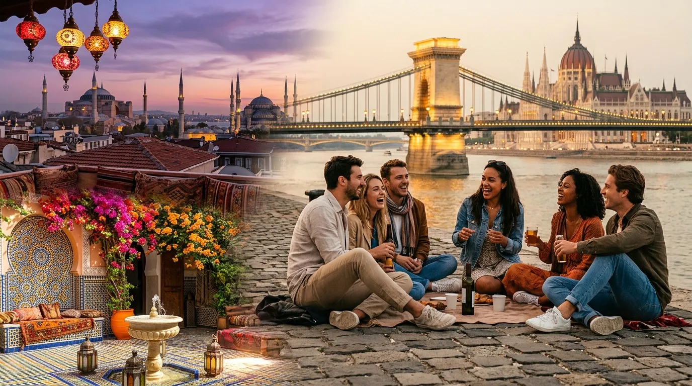 Groupe de jeunes riant ensemble au bord du Danube, Budapest