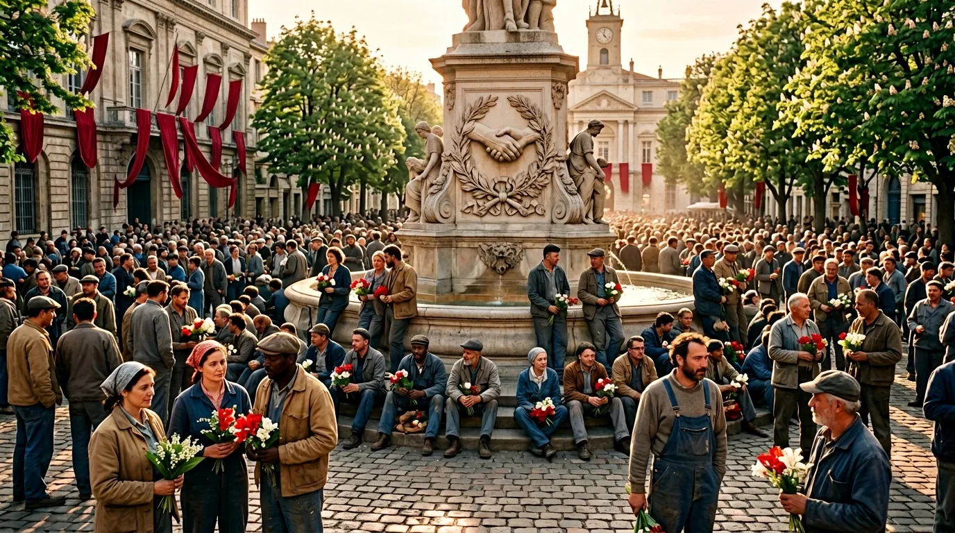 Foule tenant fleurs devant monument avec drapeaux rouges