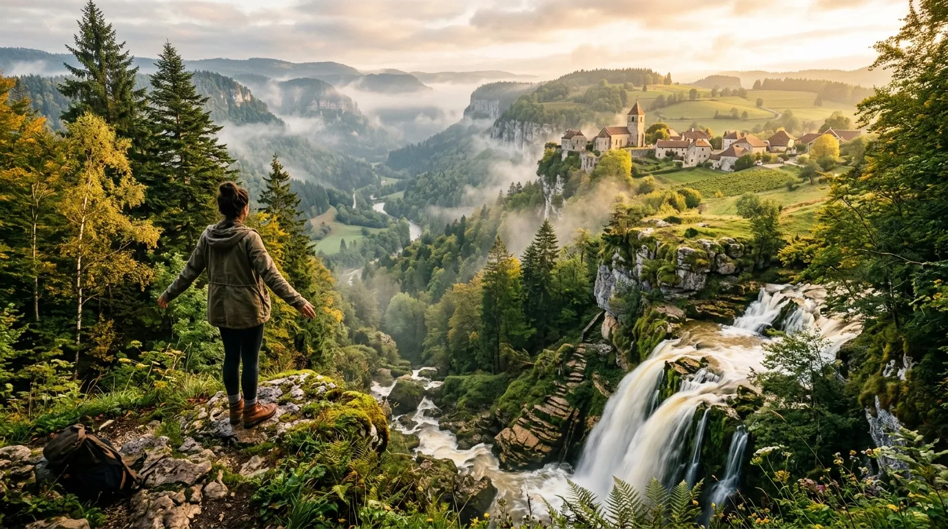 Randonneuse observant vallée montagne église village cascade automne