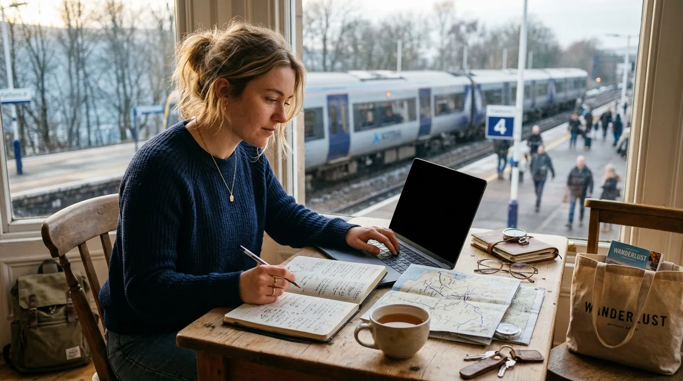 Femme travaillant sur laptop près fenêtre gare train