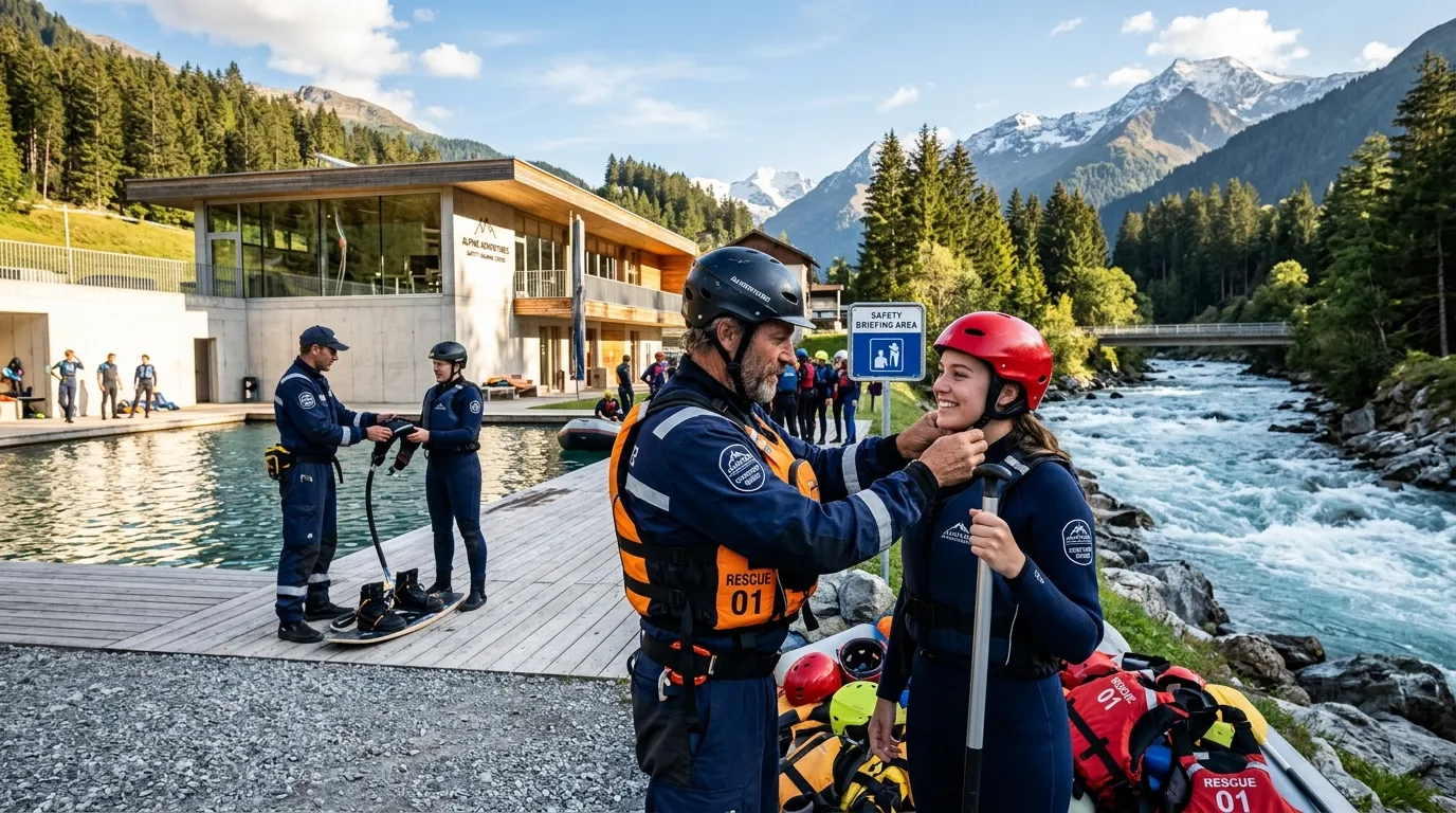 Instructeurs &eacute;quipent participant &agrave; casque rouge pour activit&eacute; aquatique montagne