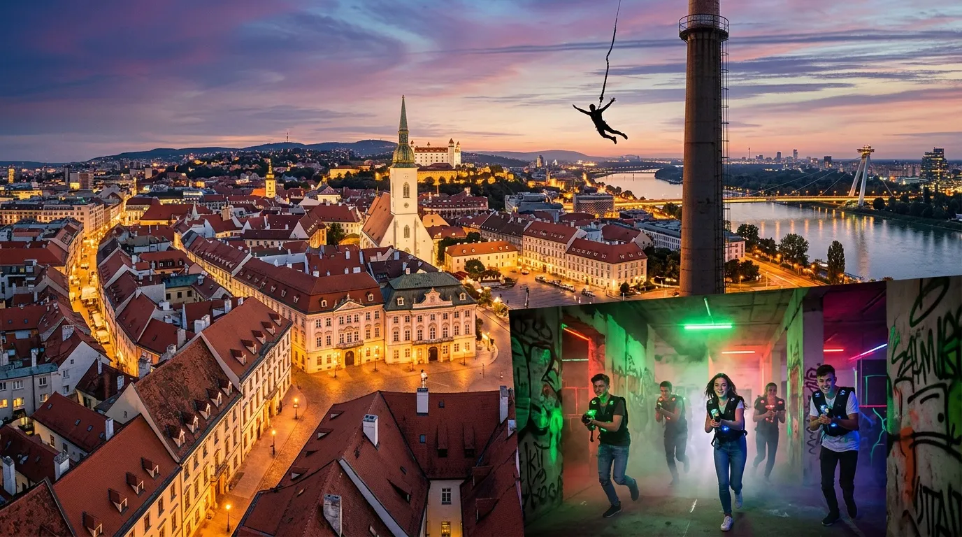 Vue panoramique de Bratislava au coucher de soleil avec jeunes joueurs laser-tag