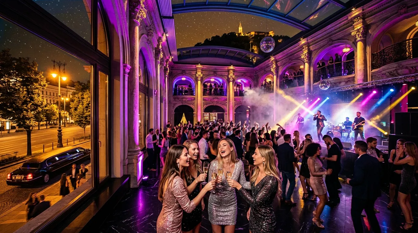 Femmes en robes paillettées à une fête dans un palais