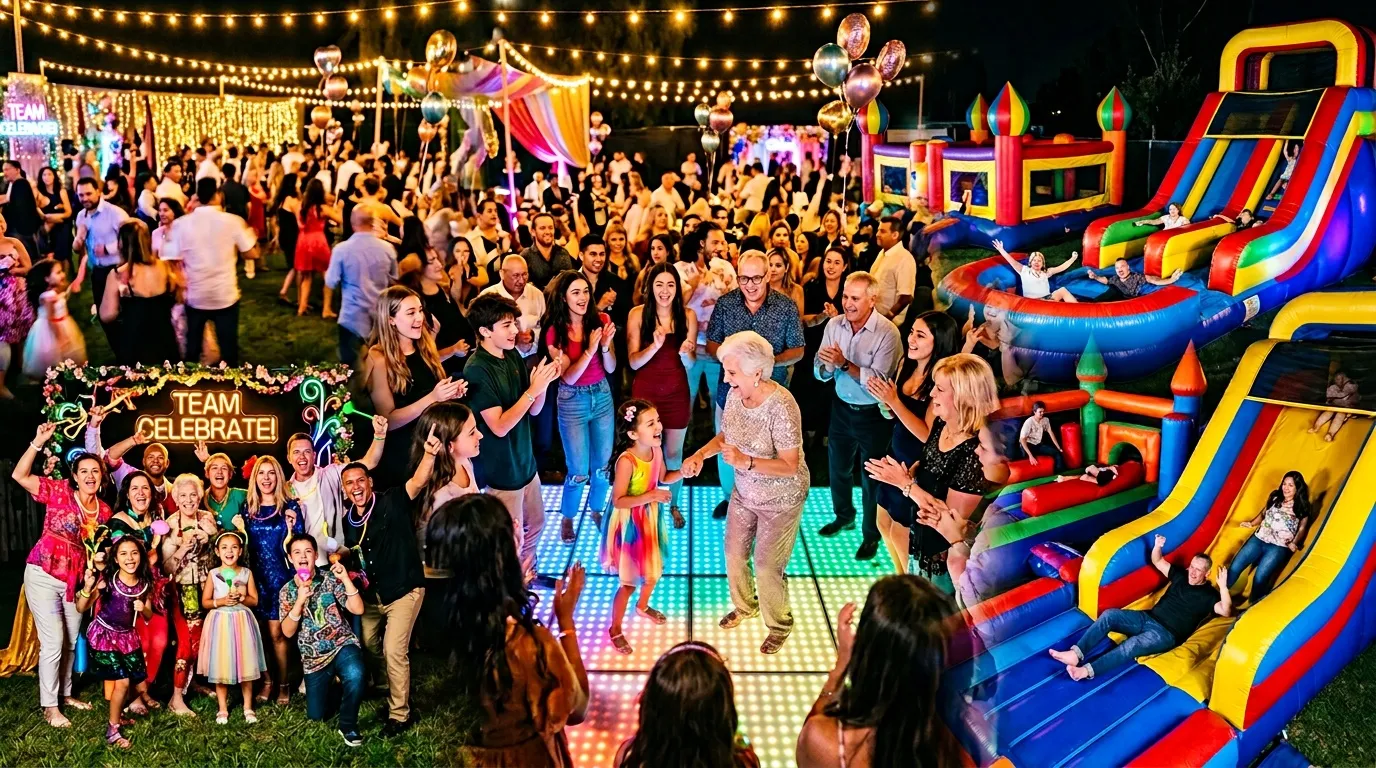 Grande fête nocturne avec famille, jeux gonflables, lumières et danse.