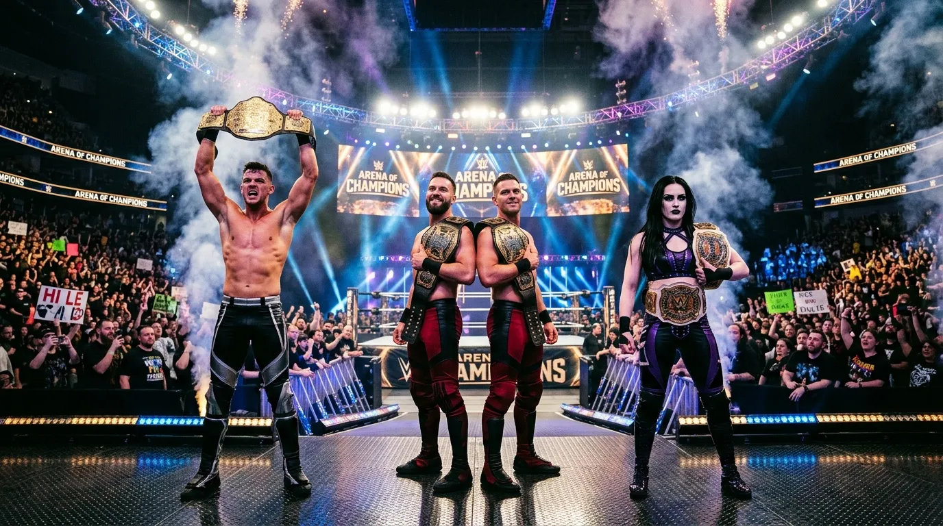 Lutteurs professionnels affichant leurs ceintures de champion