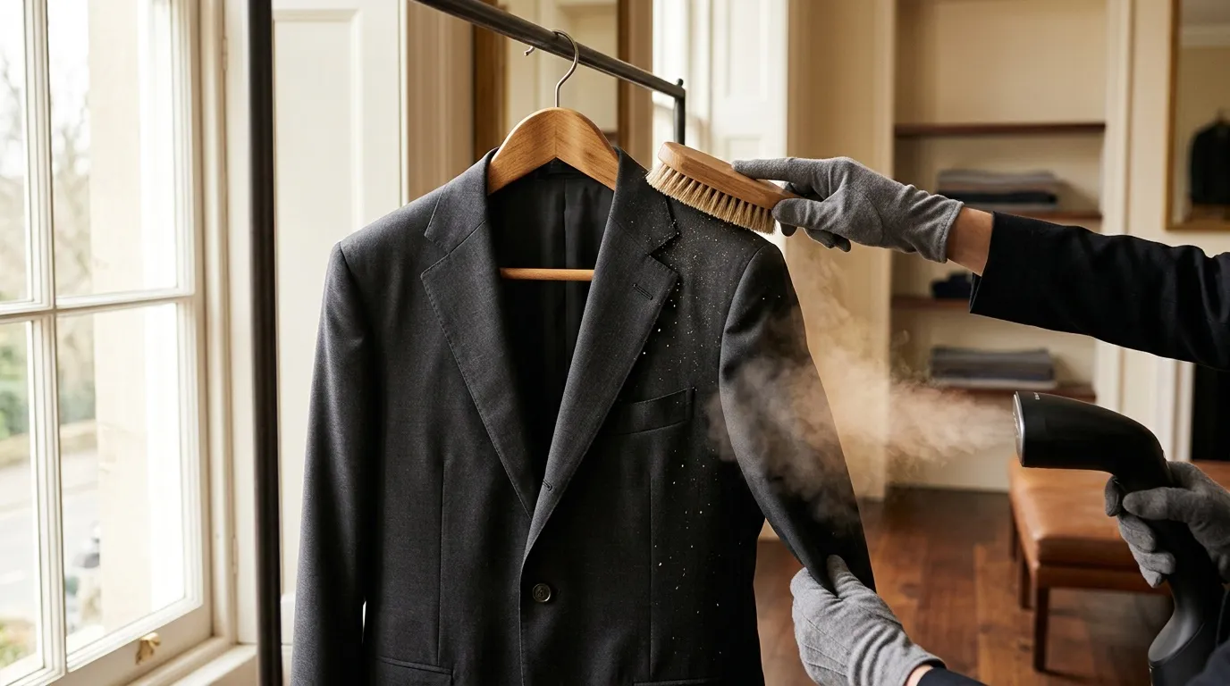 Personne brossant une veste noire avec une brosse en bois