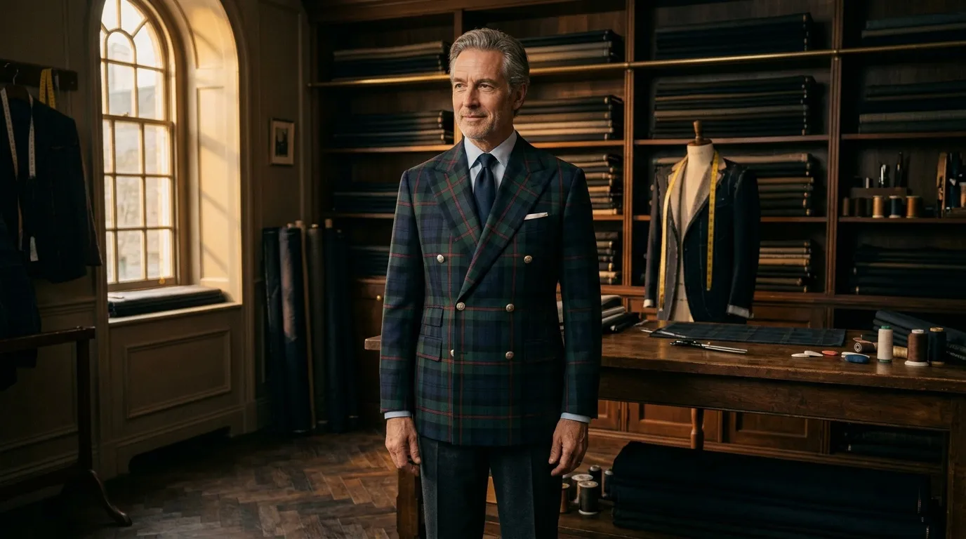 Homme en costume écossais dans un élégant atelier de mode