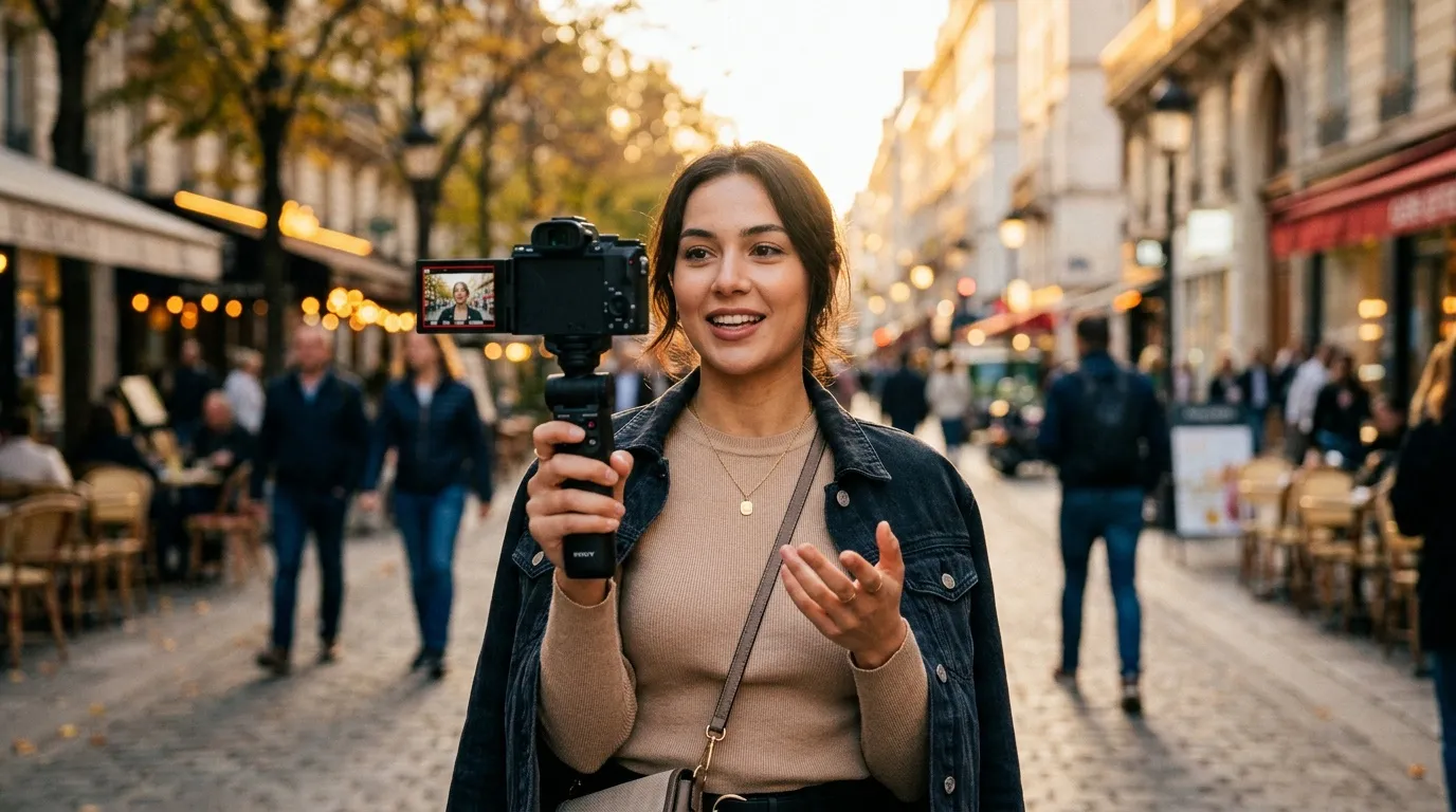 Femme filmant en direct dans une rue parisienne animée