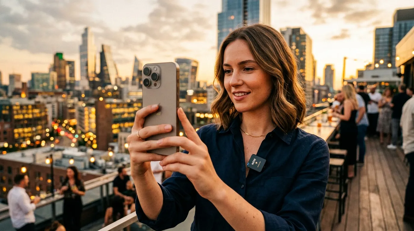 Femme prenant un selfie sur un toit avec vue skyline