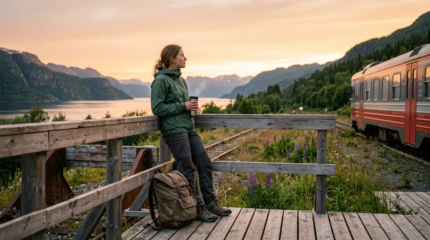 Femme avec café observant montagne et lac près train