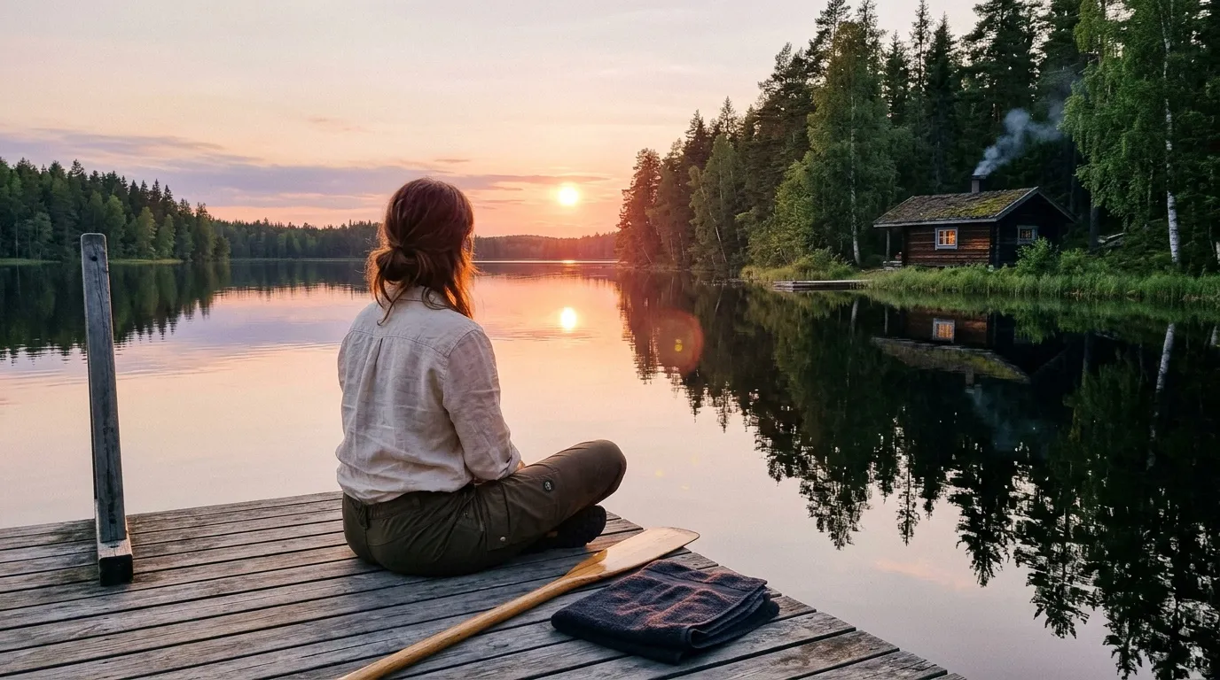 Femme assise sur un ponton au coucher du soleil