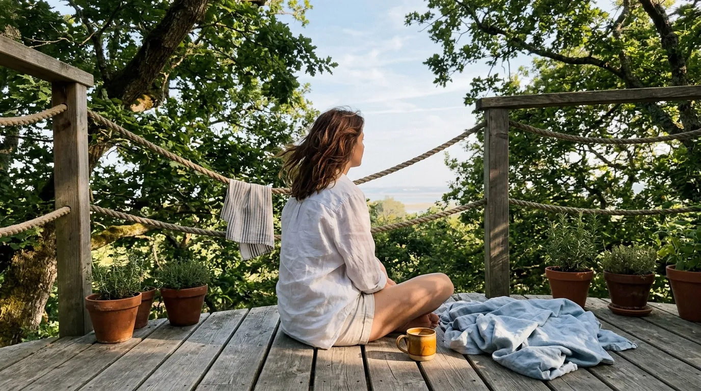Femme assise sur une terrasse en bois, linge séchant, vue panoramique