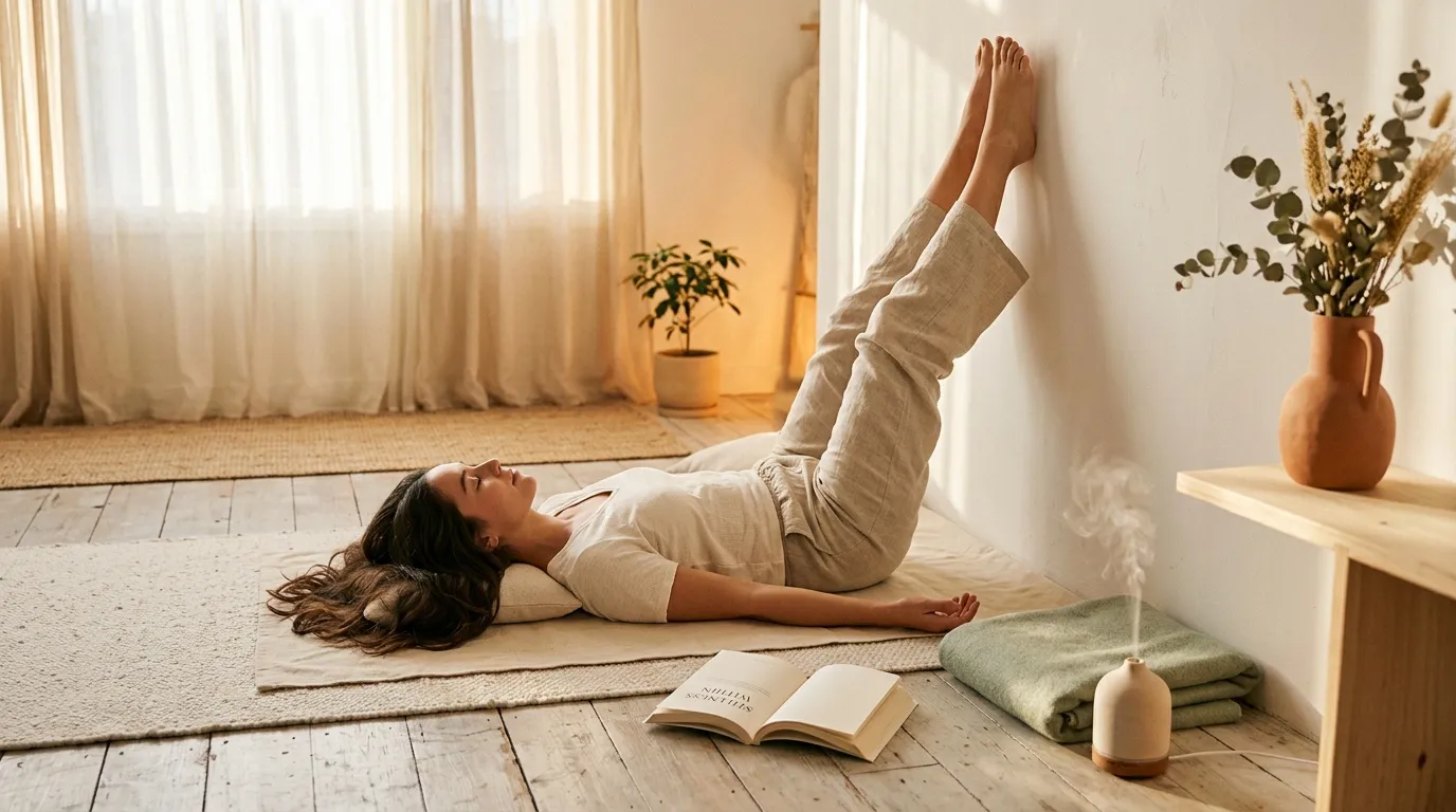 Femme pratiquant le yoga dans une chambre calme et minimaliste