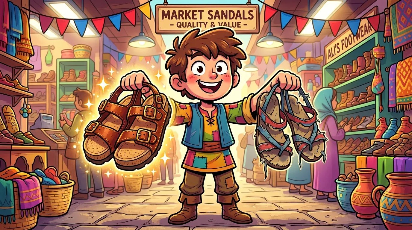 Enfant heureux vendant sandales au marché coloré