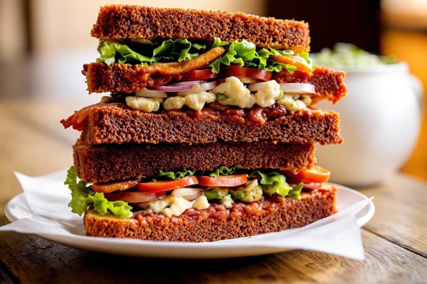 Sandwich appétissant avec légumes, sauce et pain brun