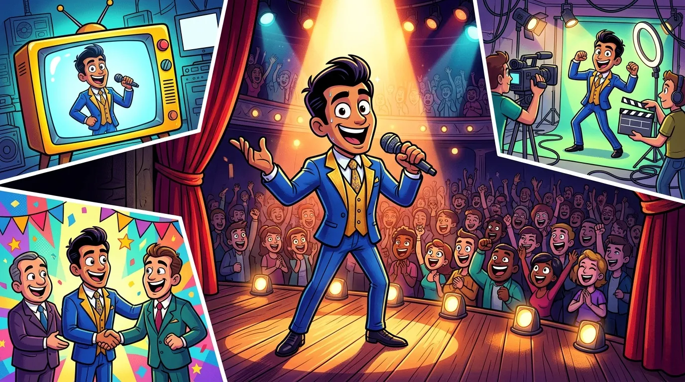 Homme en costume bleu chantant sur sc&egrave;ne face &agrave; une foule enthousiaste.