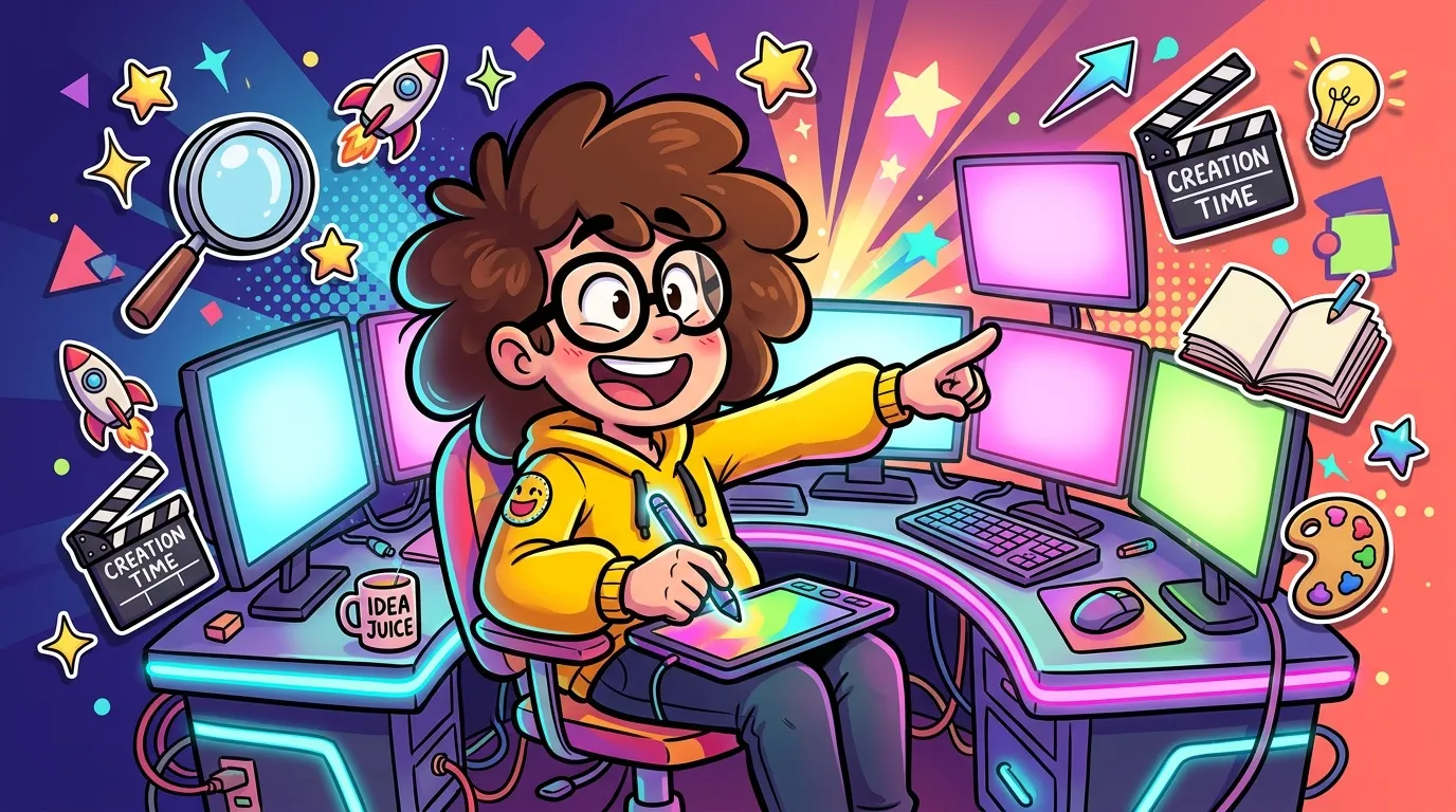 Jeune cr&eacute;atif souriant entour&eacute; d'&eacute;crans et symboles cr&eacute;atifs color&eacute;s