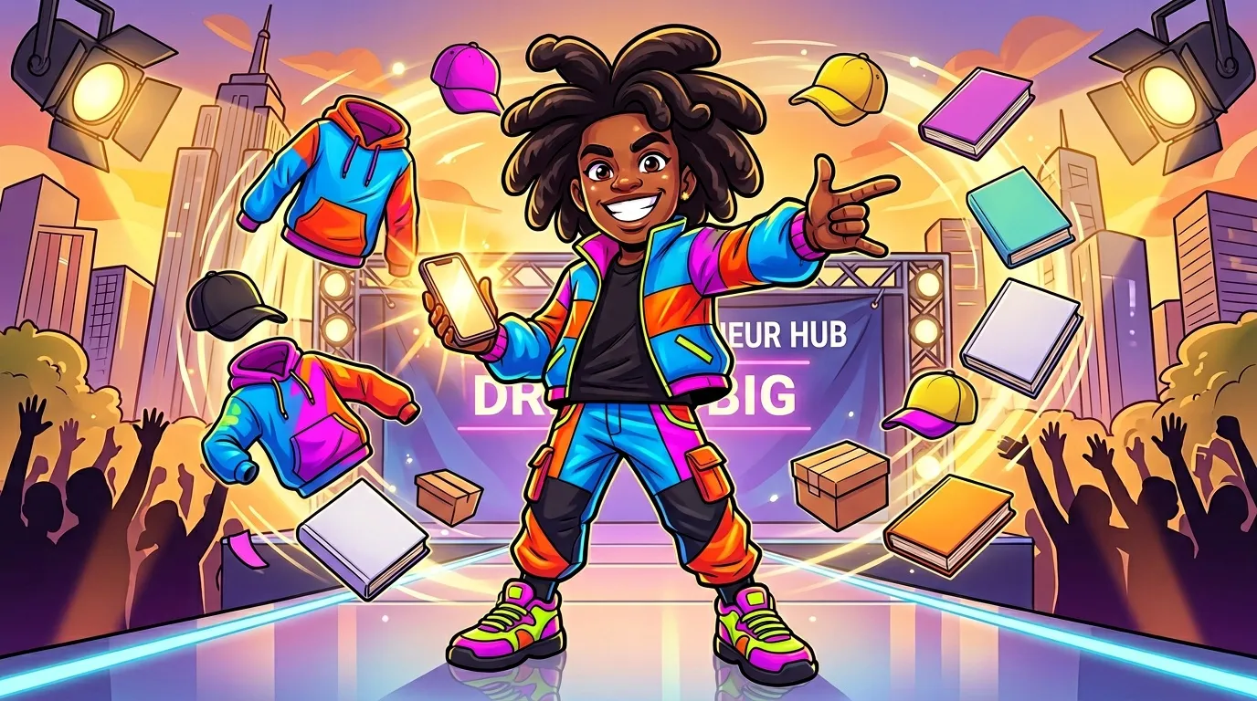 Personnage color&eacute; c&eacute;l&eacute;brant le succ&egrave;s digital avec livres et t&eacute;l&eacute;phone