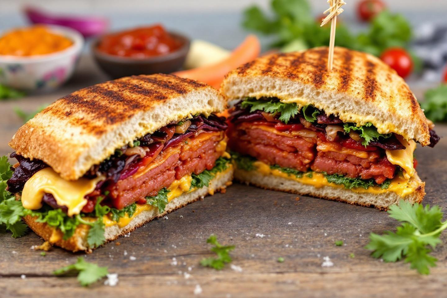 Sandwich grill&eacute; &eacute;pais avec viande et l&eacute;gumes verts