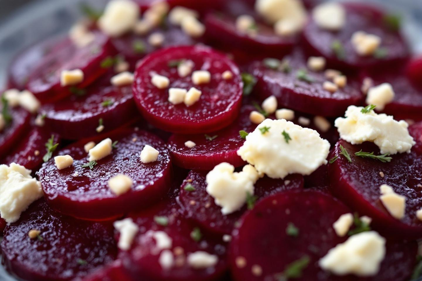 Tranches de betteraves rouges avec fromage blanc et noix