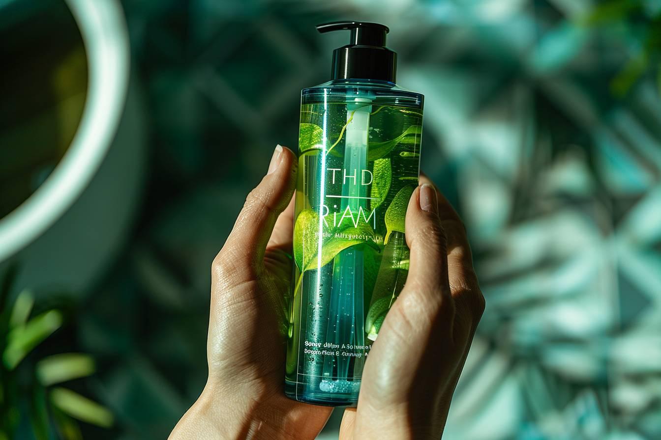 Bouteille en verre contenant une lotion de soin de la peau à base de plantes