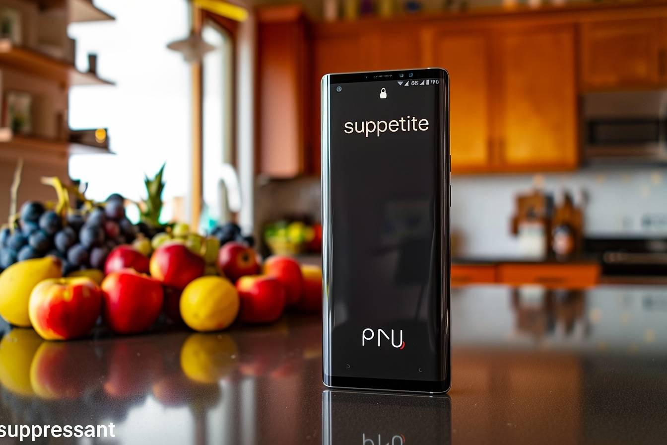 Smartphone avec l'application Suppetite et fruits frais sur un plan de travail de cuisine