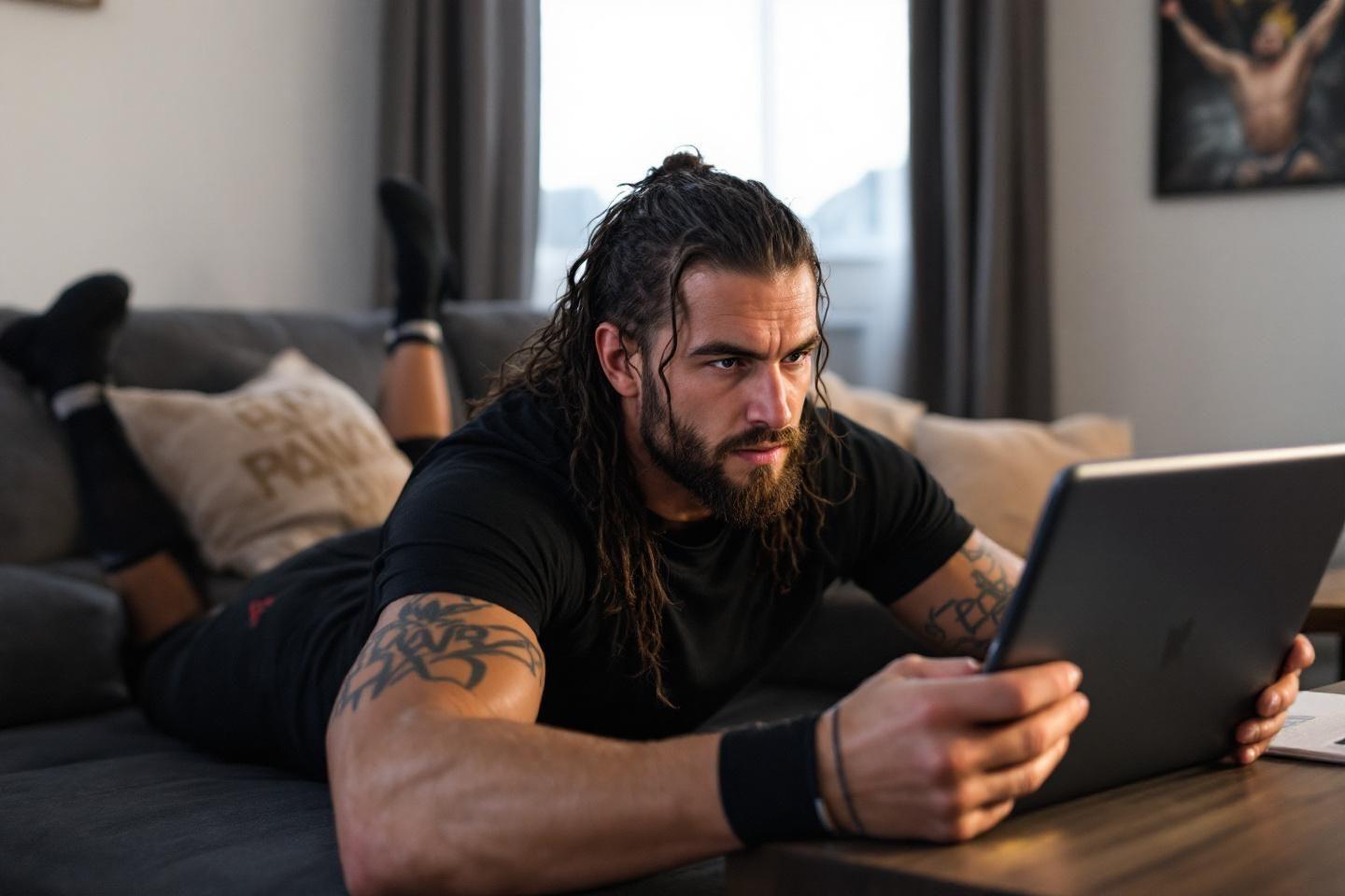 Homme tatoué concentré sur un ordinateur portable à la maison