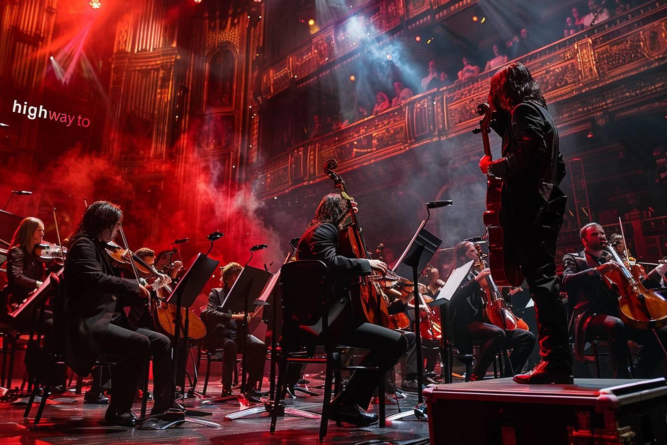 Une scène de concert avec un orchestre jouant sur une scène illuminée en rouge.