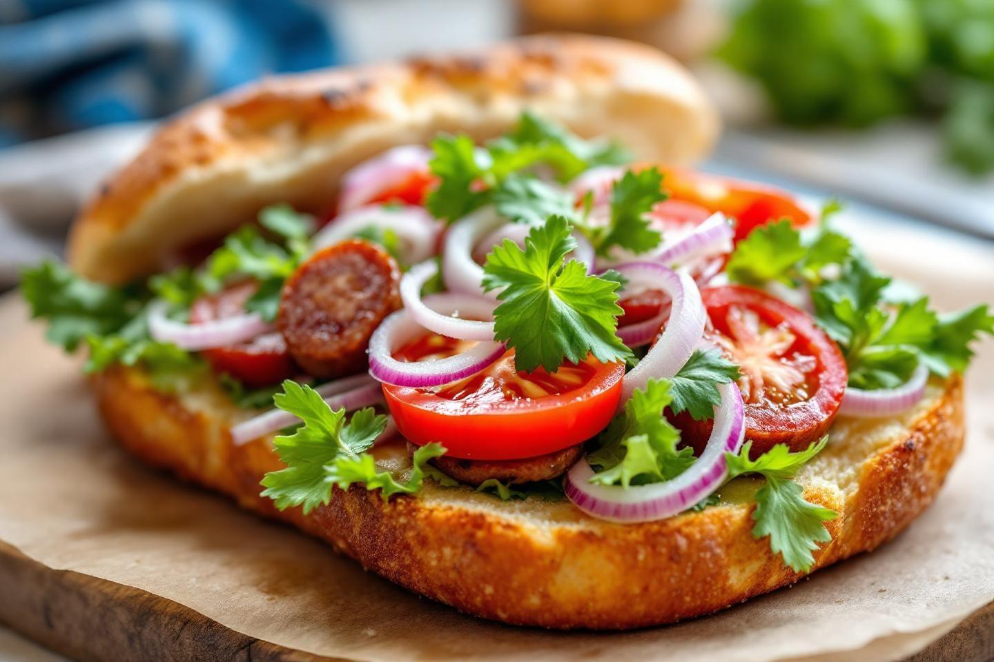 Tartine dor&eacute;e garnie de saucisse, tomates et herbes fra&icirc;ches