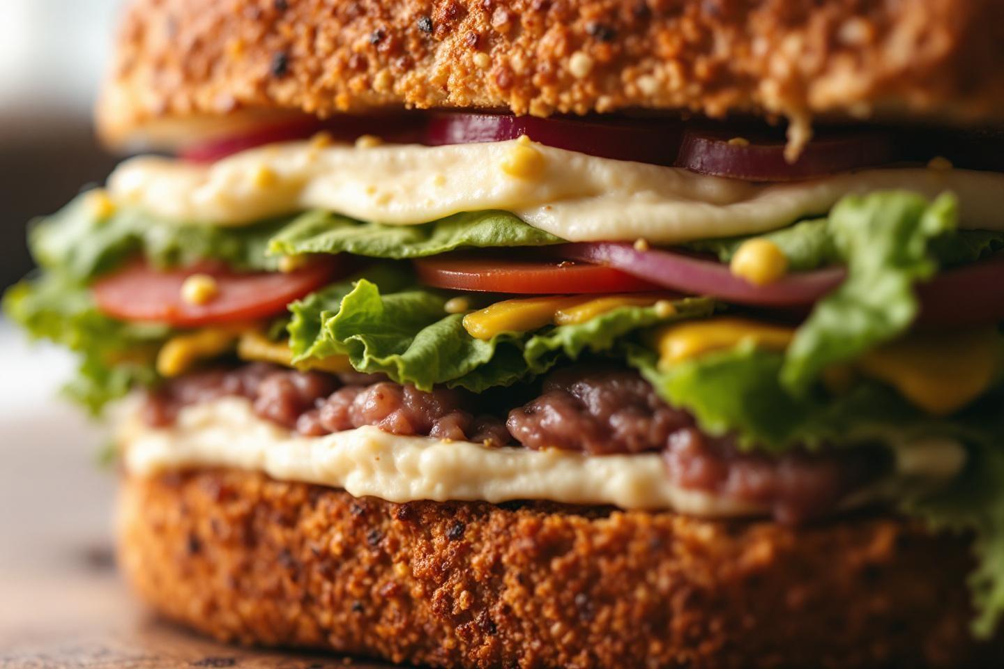 Gros plan d'un burger savoureux avec plusieurs couches de garnitures