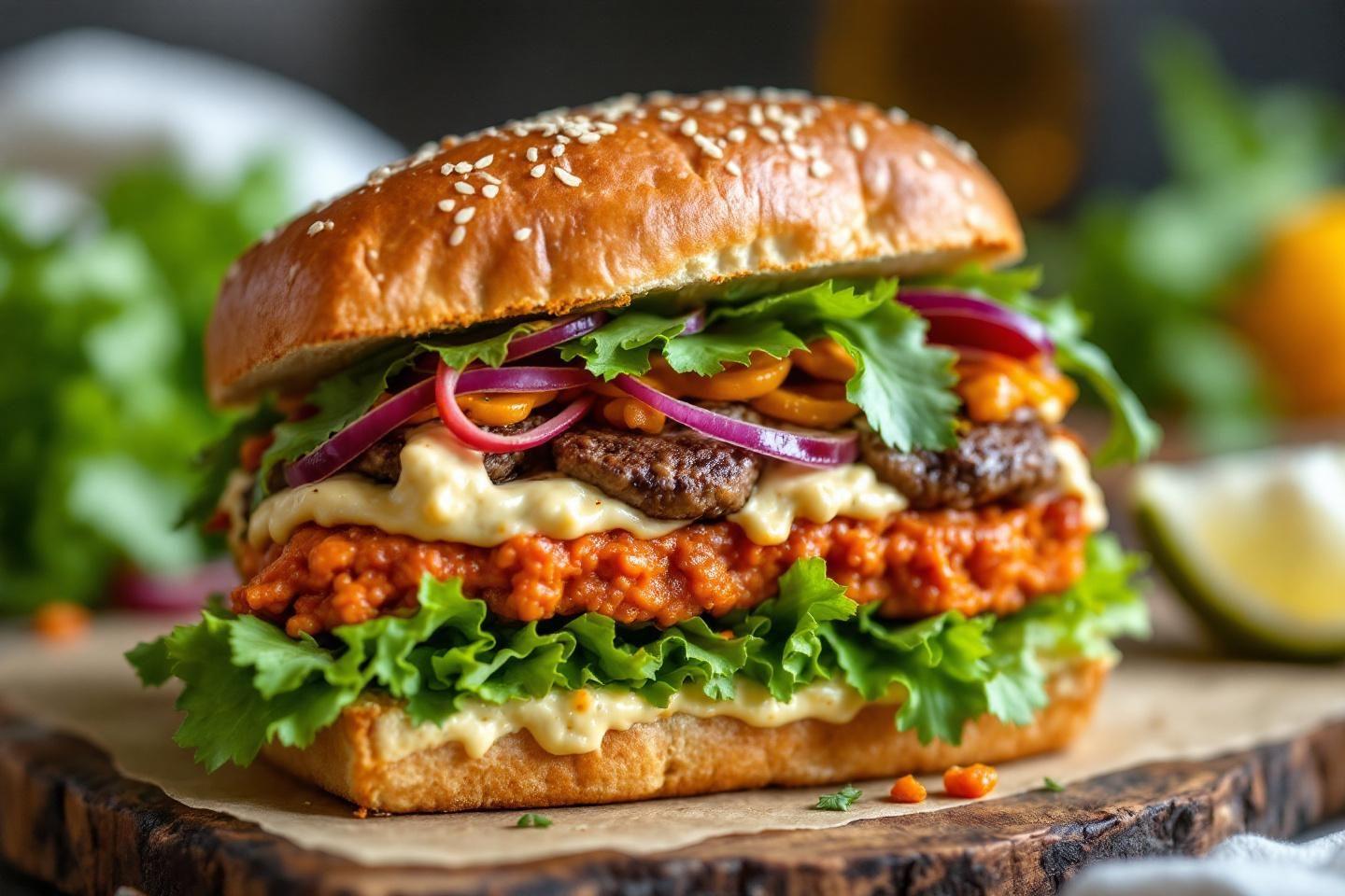Burger juteux avec salade, sauce et oignons rouges