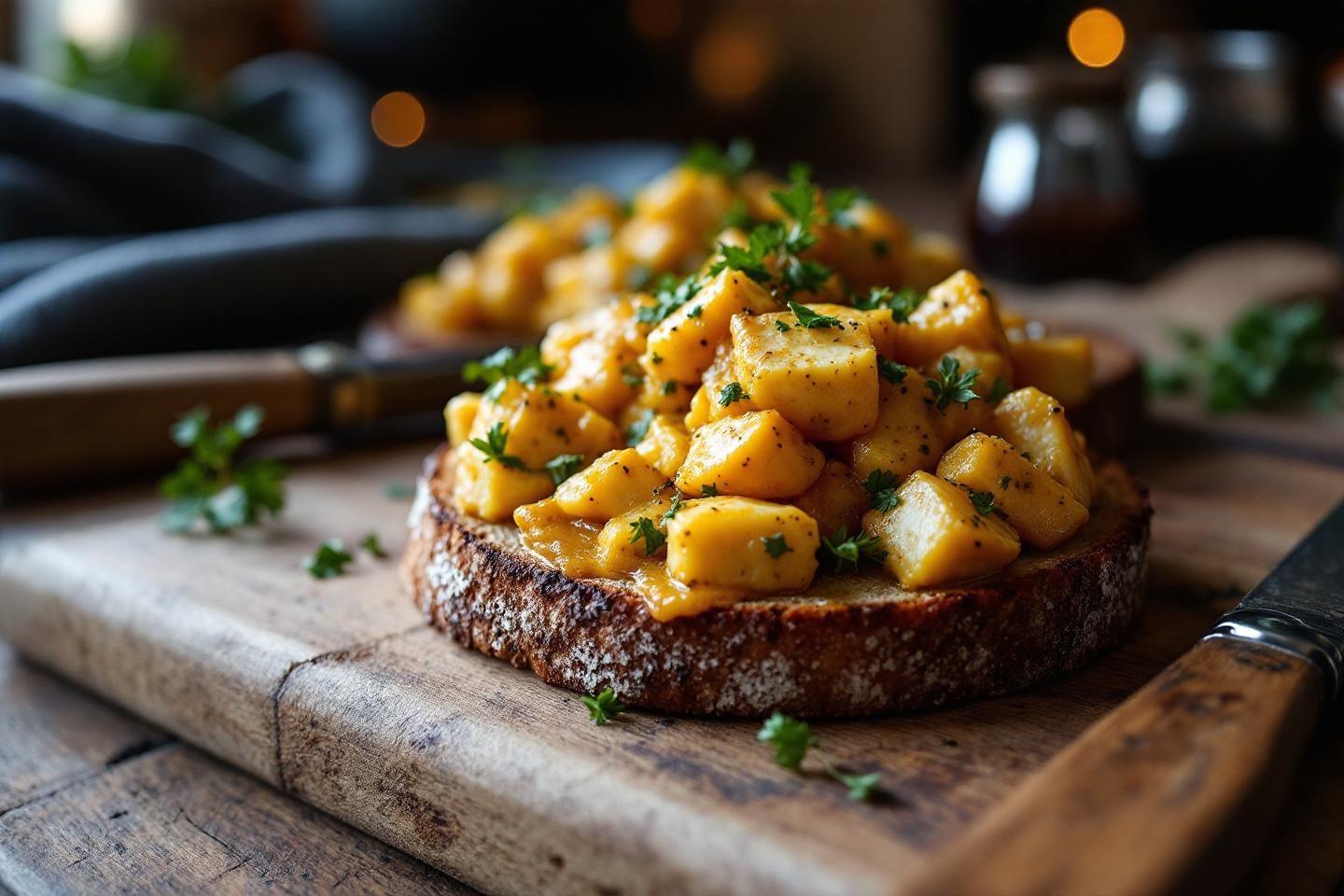 Pain grillé recouvert de dés de mangue jaune et de persil