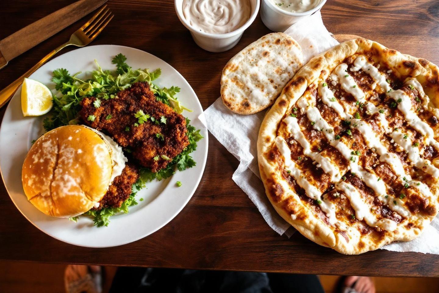 Burger, plat &eacute;pic&eacute;, pizza et sauces sur table en bois