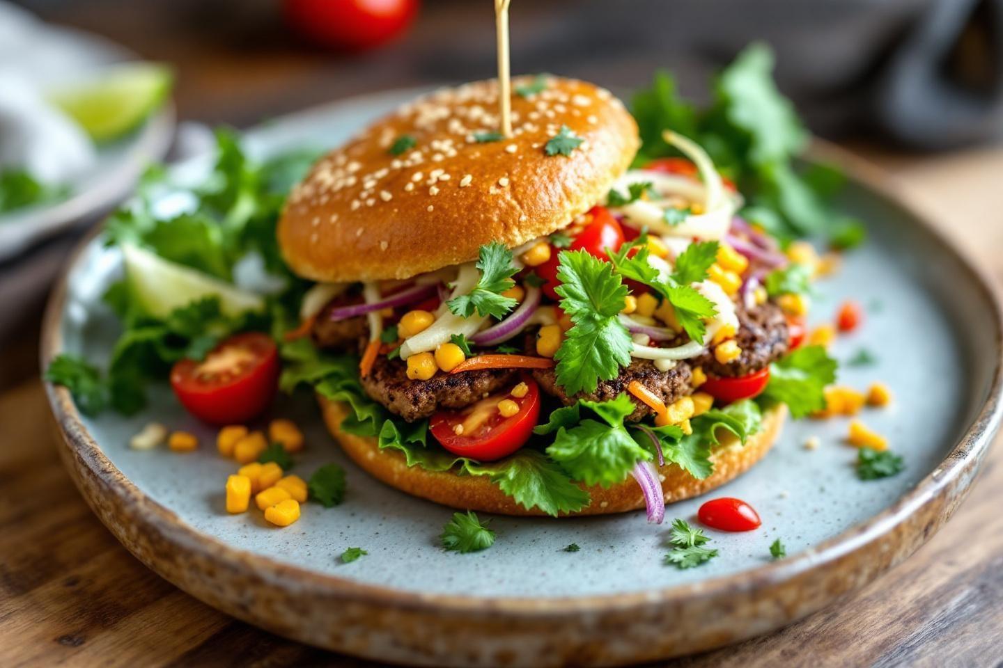 Burger garni de ma&iuml;s, tomates cerises et coriandre verte