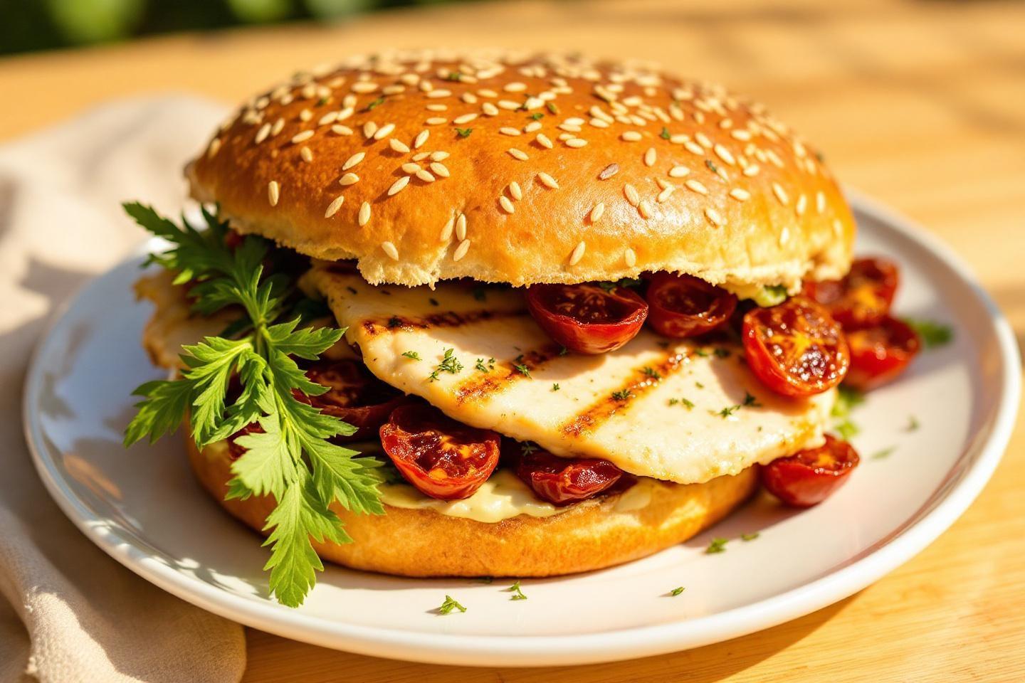 Burger dor&eacute; au fromage grill&eacute; et tomates r&ocirc;ties