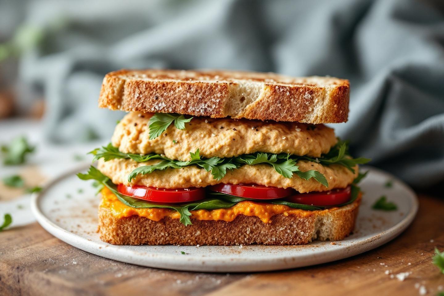 Sandwich aux herbes fra&icirc;ches et tomates sur assiette rustique