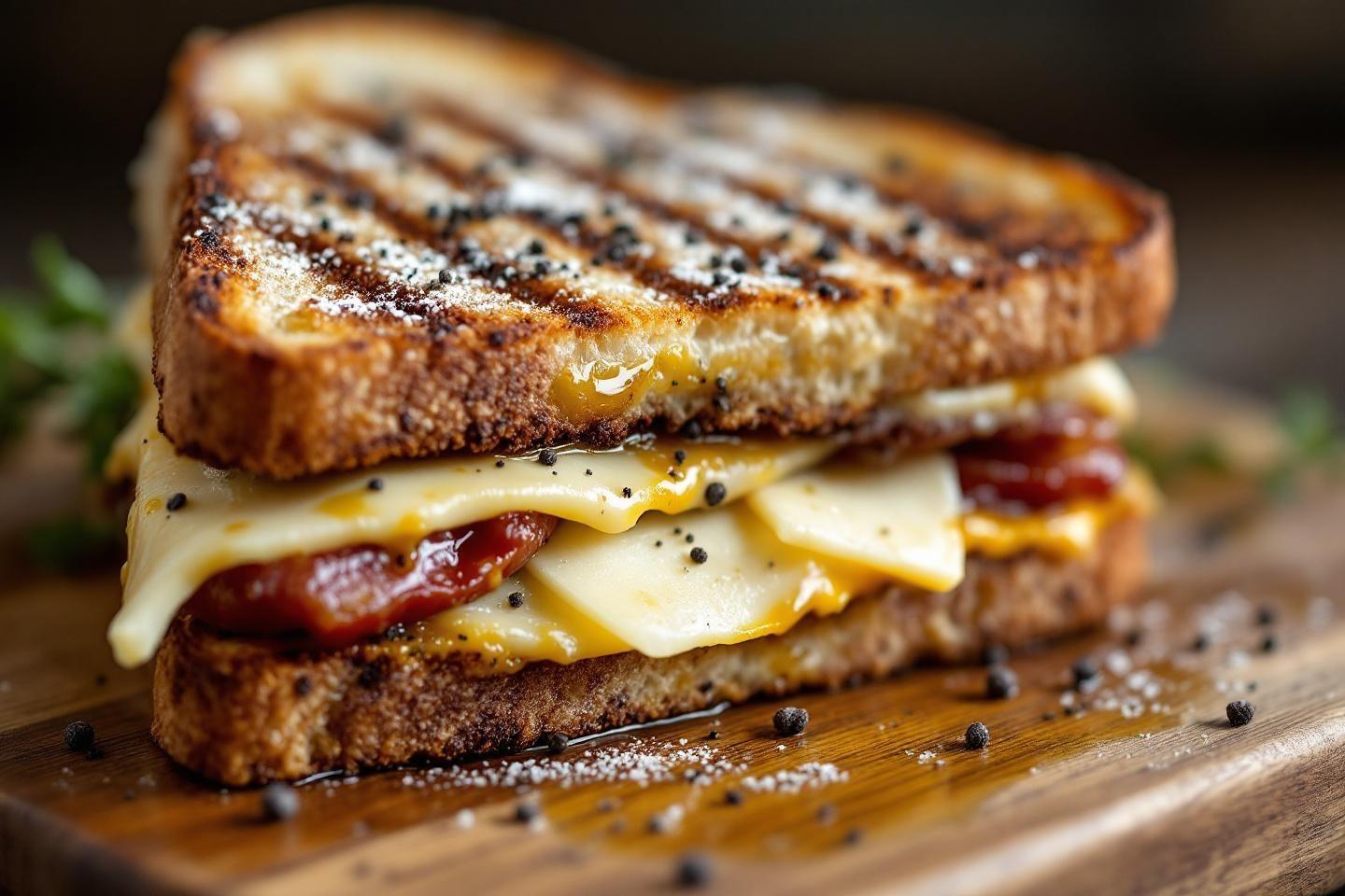 Sandwich doré avec fromage et garniture, vue rapprochée
