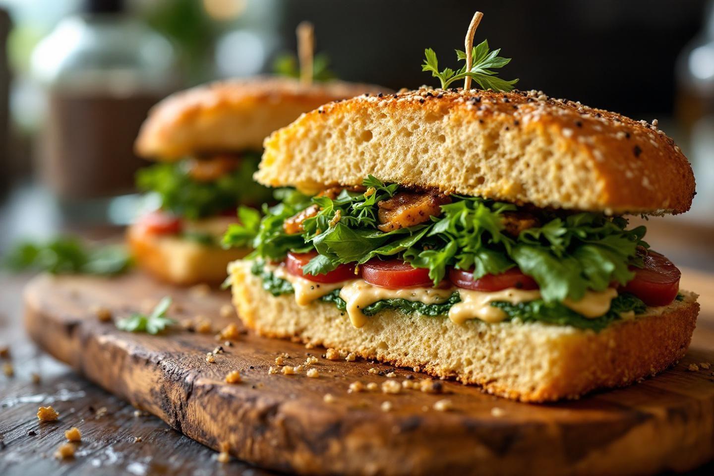 Sandwich appétissant avec verdure et sauce sur planche