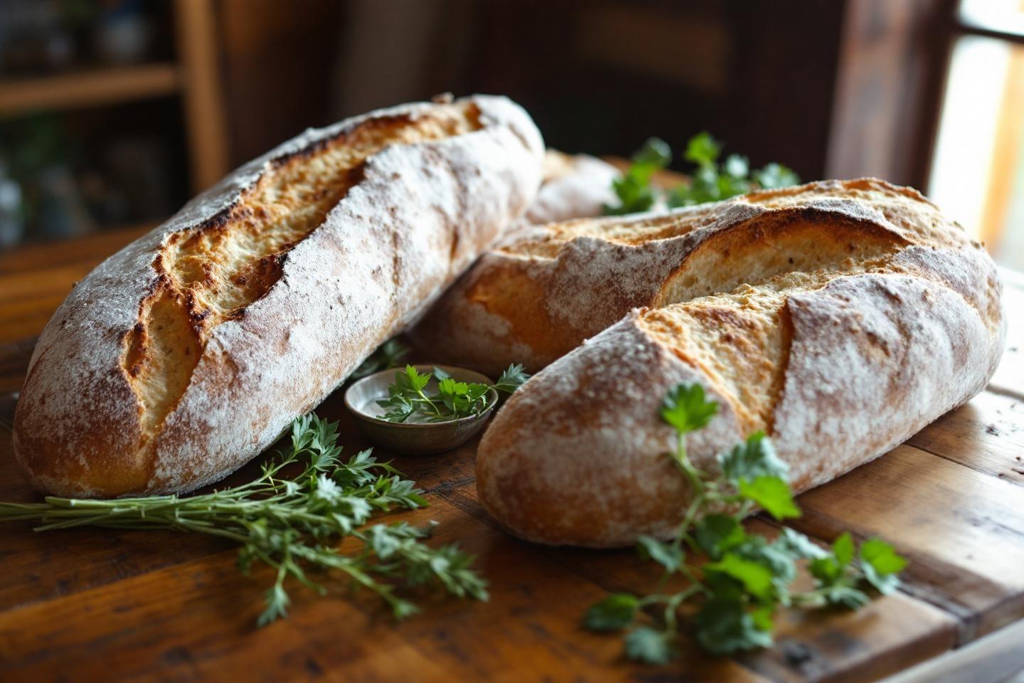 Trois pains rustiques dorés avec du persil frais