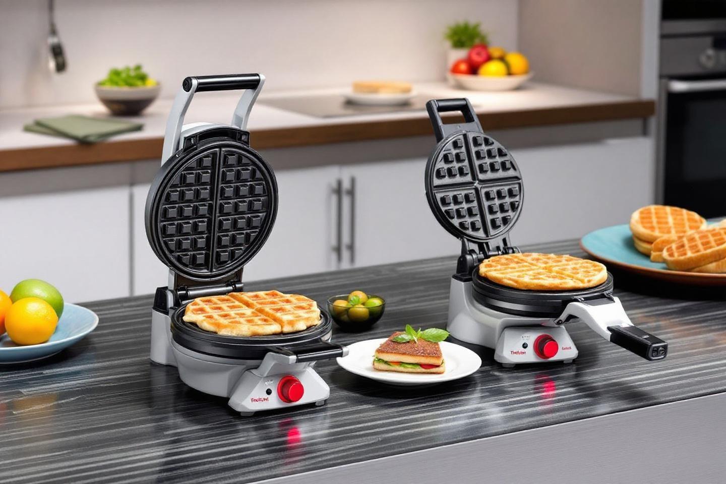 Deux gaufriers argent&eacute;s avec gaufres dor&eacute;es sur plan de travail