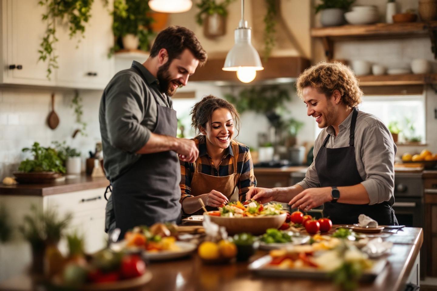 Trois personnes cuisinent ensemble dans une cuisine lumineuse et verdoyante