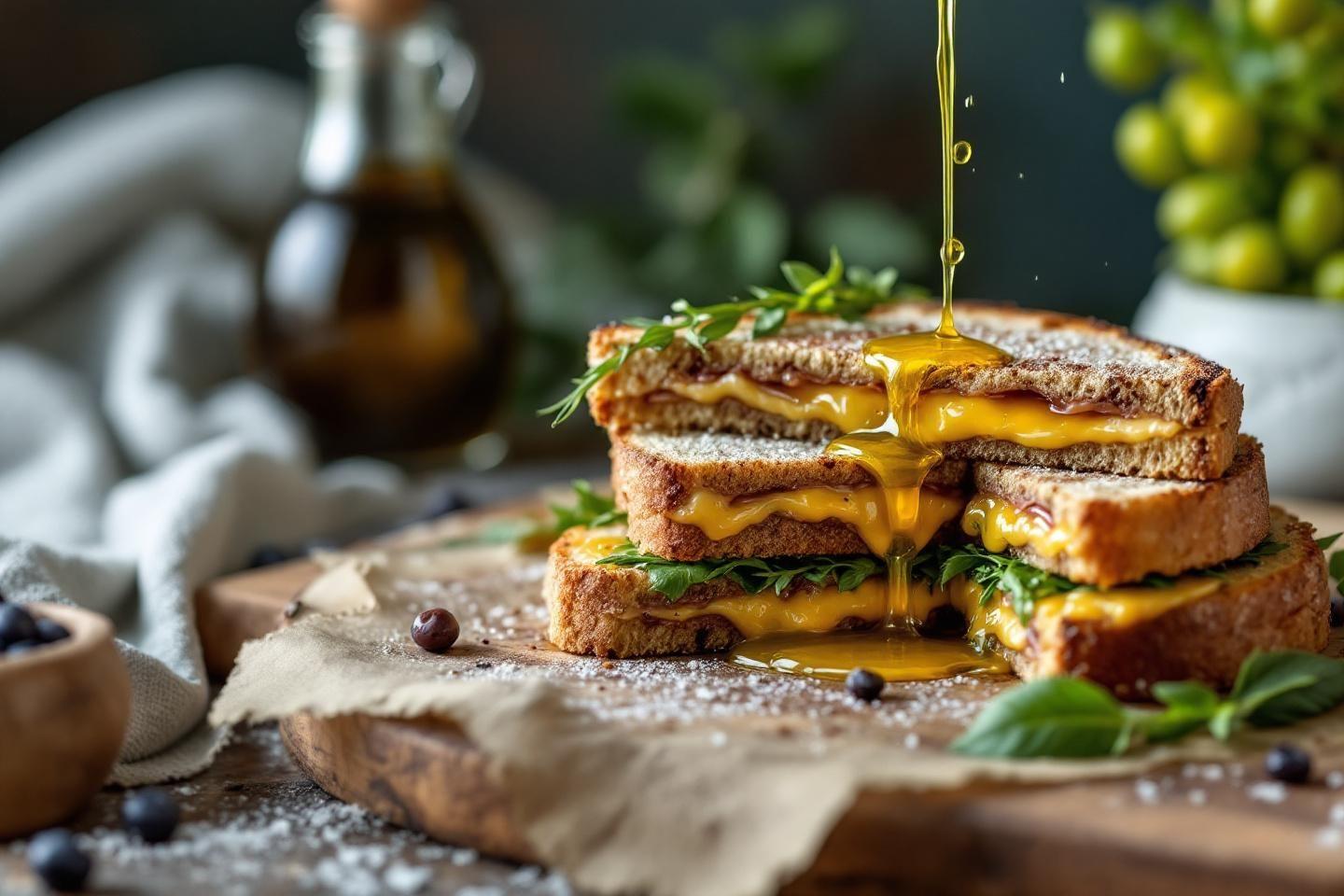 Sandwich grill&eacute; avec fromage dor&eacute; coulant sur planche