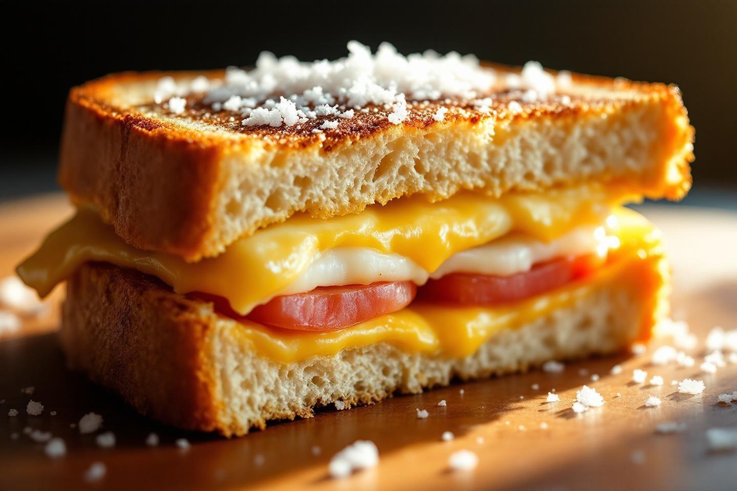 Sandwich grill&eacute; dor&eacute; avec fromage fondu et tranches de tomate