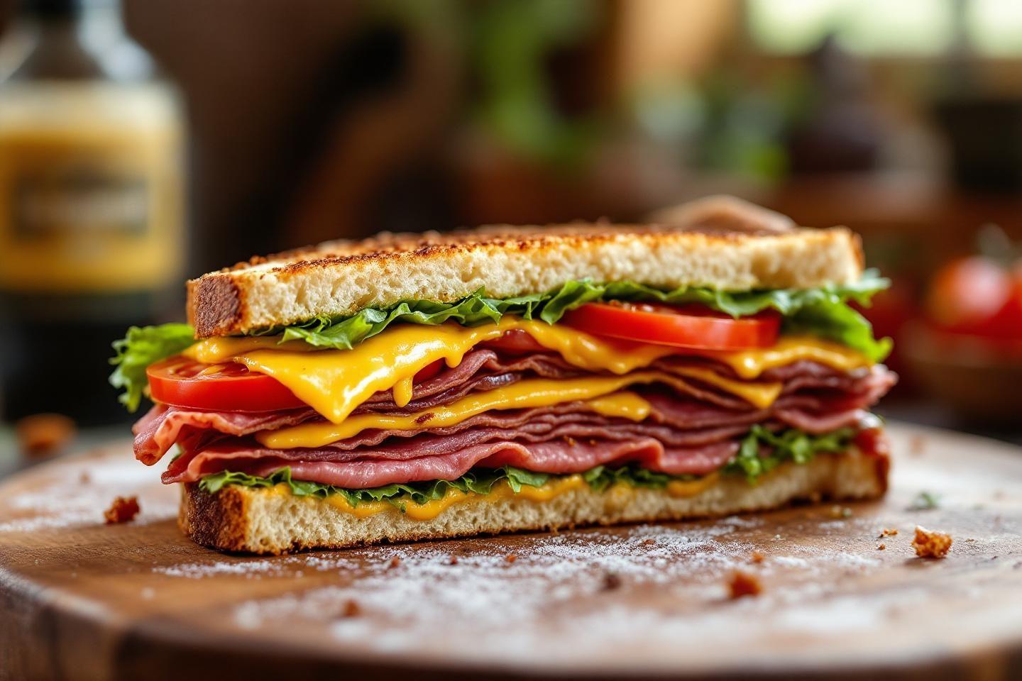 Sandwich multicouches avec charcuterie, fromage et légumes frais
