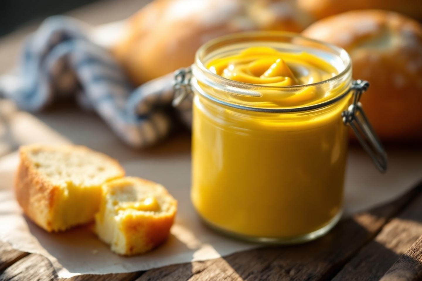 Pot de moutarde dorée avec du pain sur table en bois