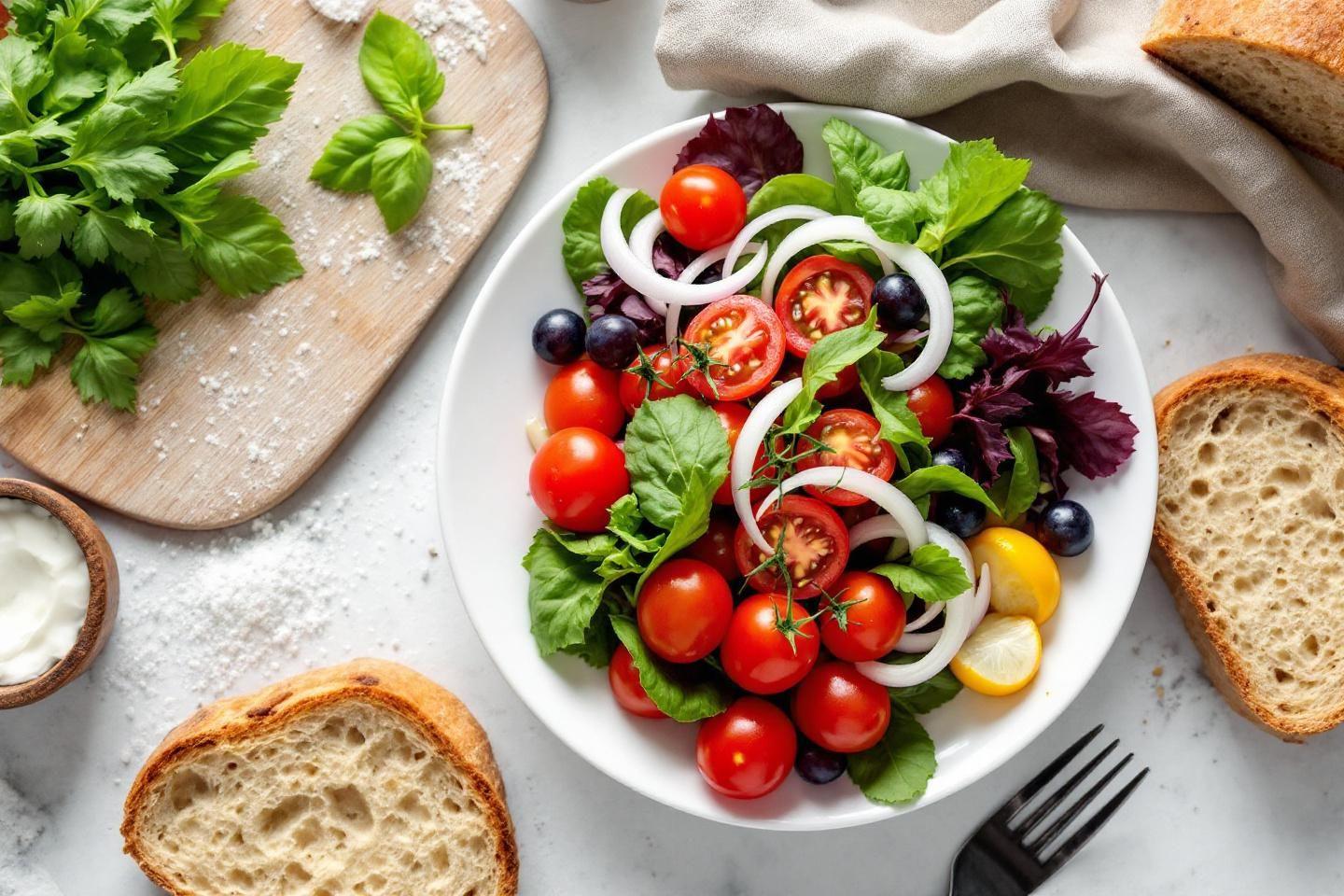 Salade de tomates, oignons, basilic et olives sur assiette blanche