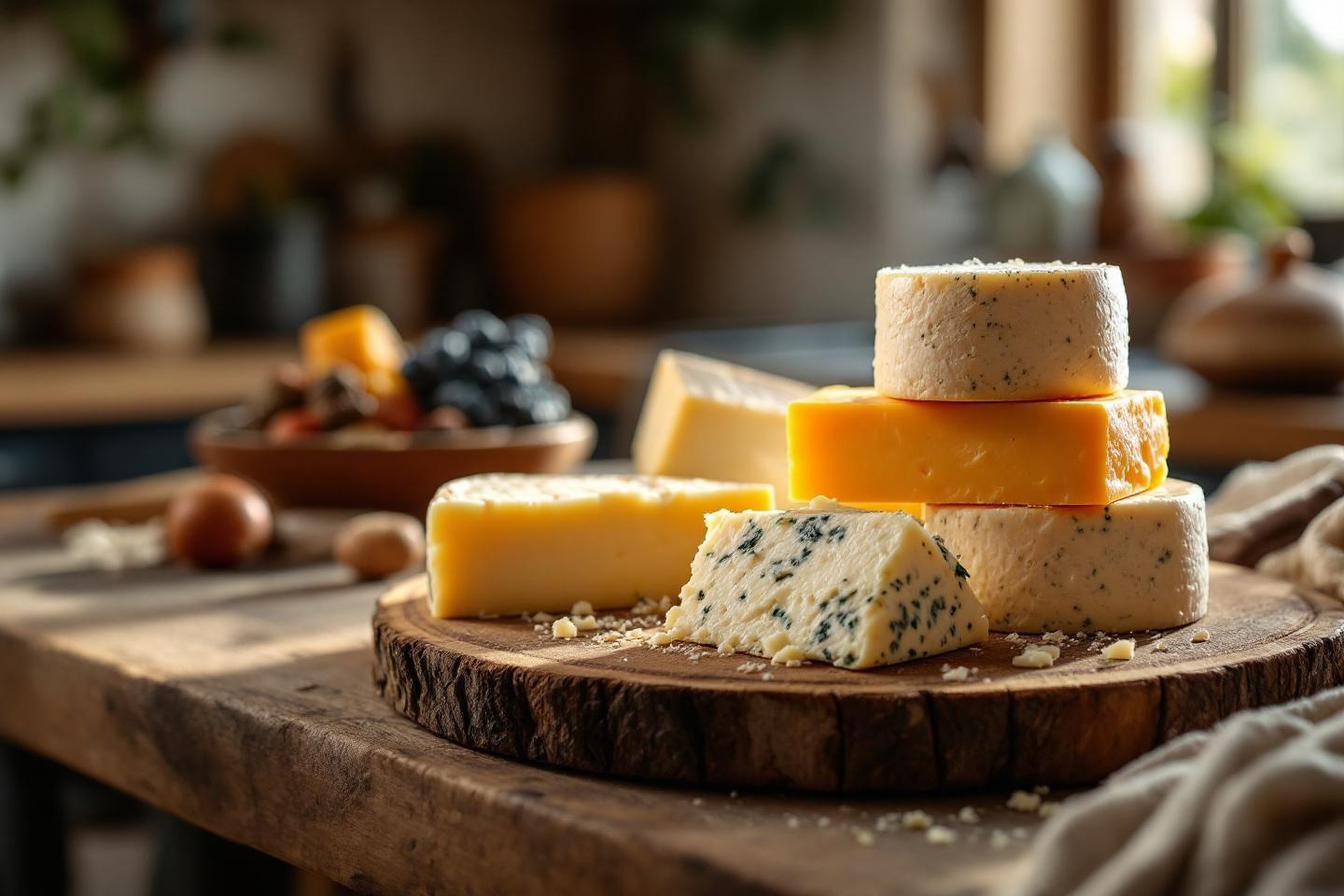 Divers fromages dispos&eacute;s sur une planche en bois rustique