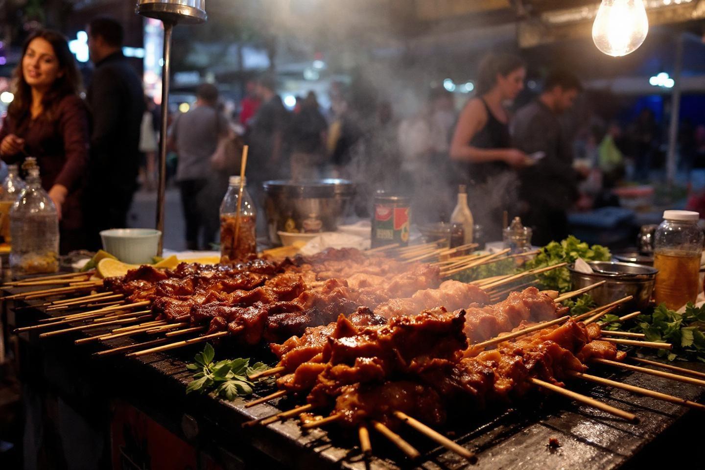 Viande marinée sur bâtons grillant sur un barbecue enfumé