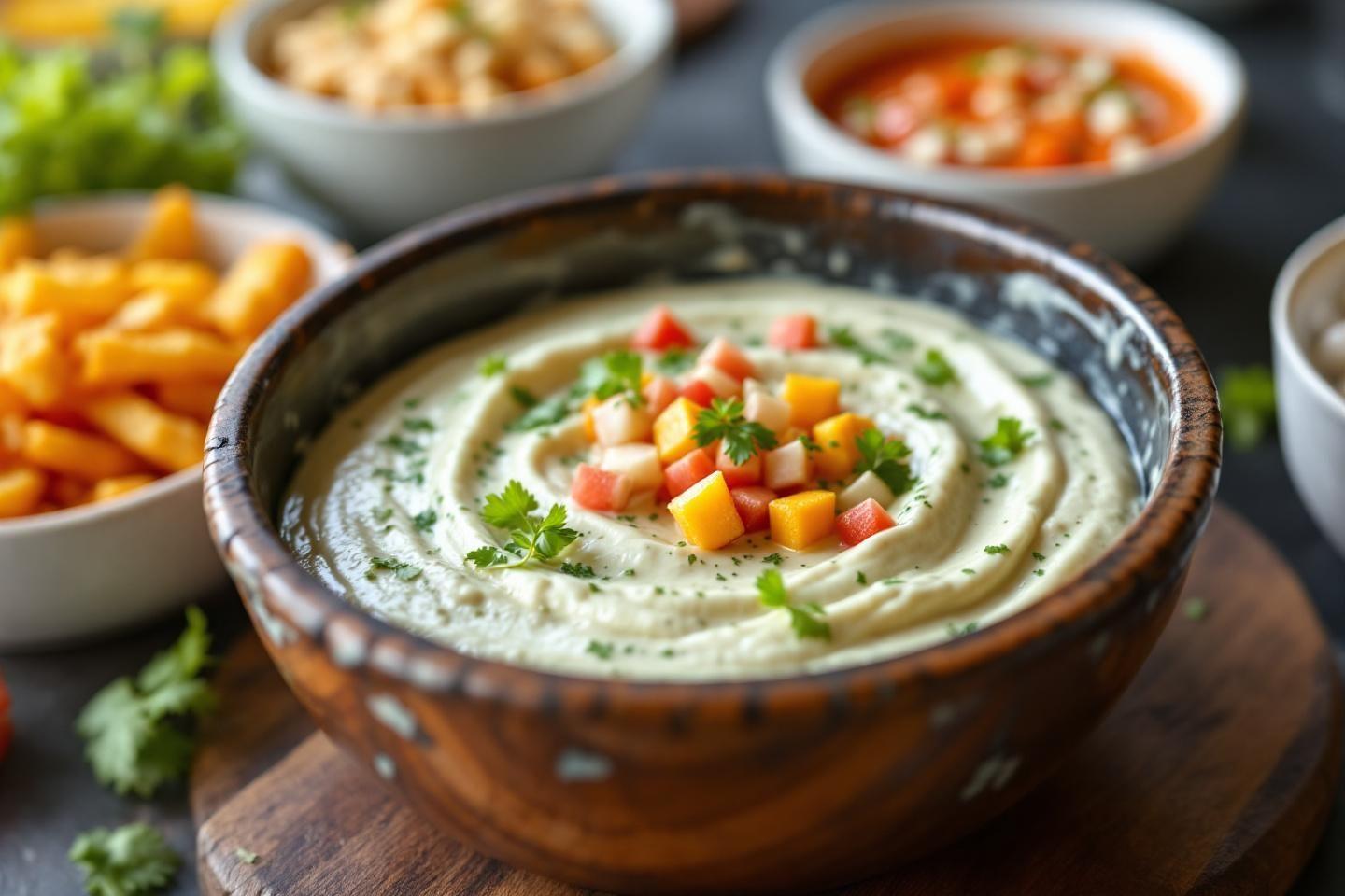 Bol de houmous garni de dés de légumes frais