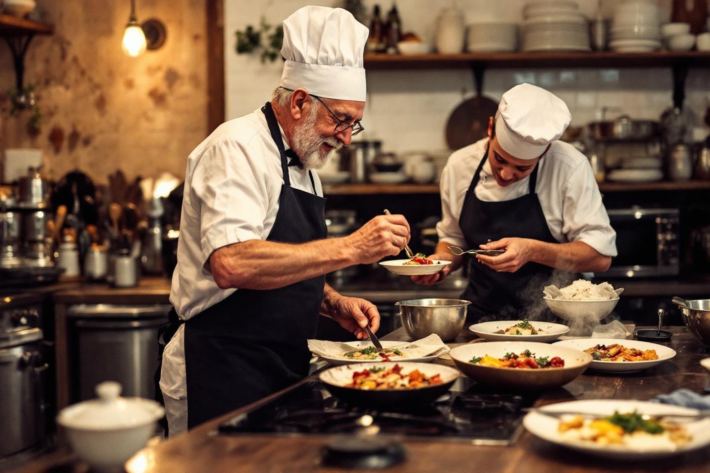 Deux chefs concentr&eacute;s finalisant des plats dans une cuisine